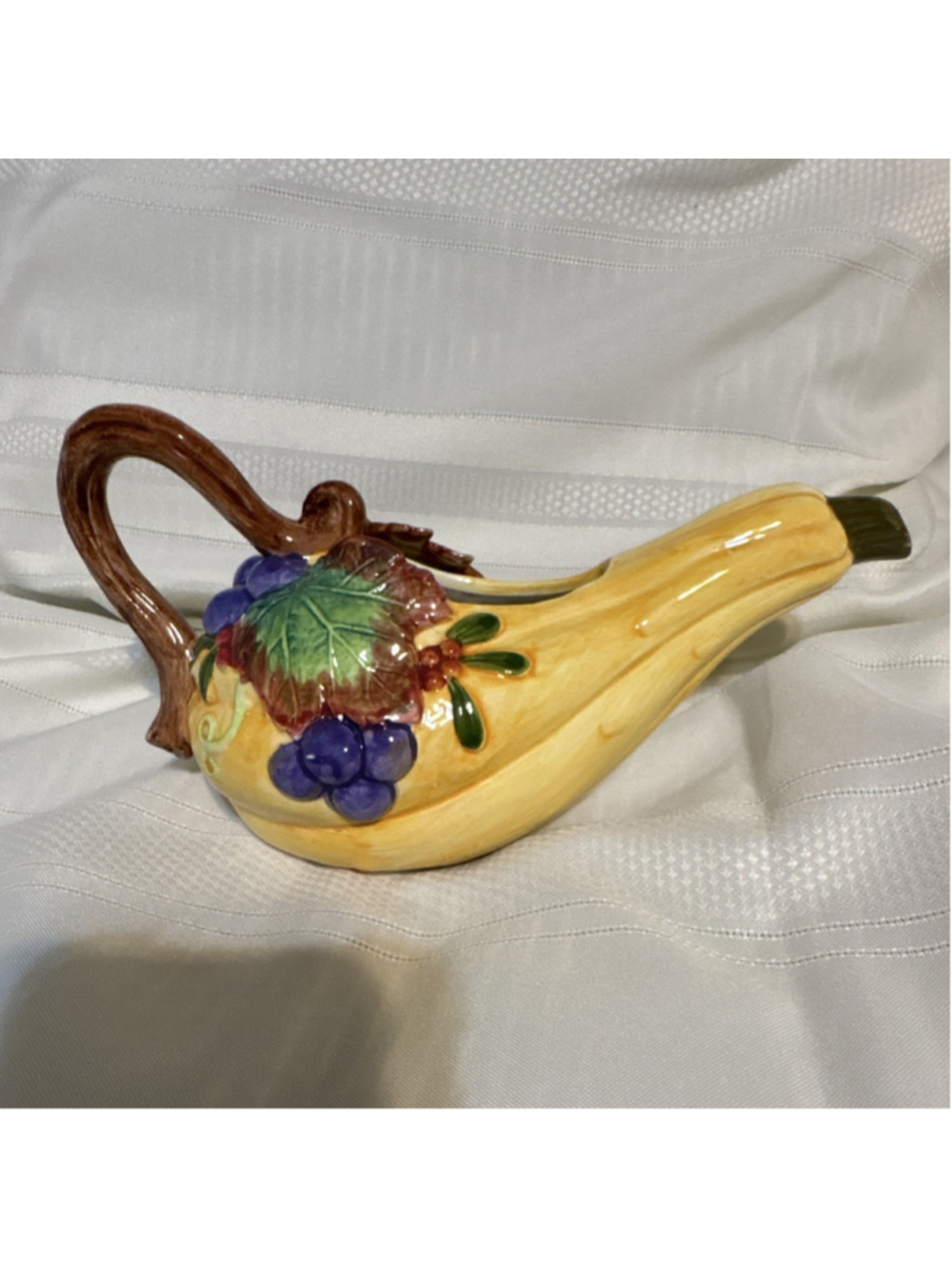 Fitz & Floyd 1993 Ceramic Gravy Boat Grapevine Yellow Green Purple Glossy Taiwan